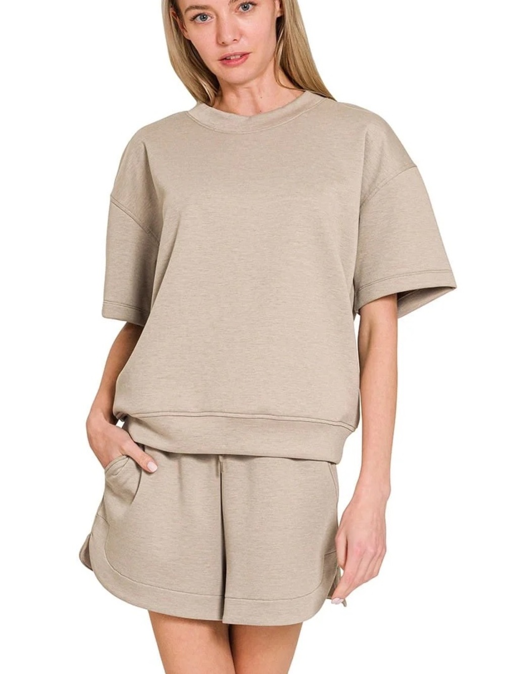 Zenana Scuba Round Neck Top And Dolphin Shorts Set size medium ash mocha